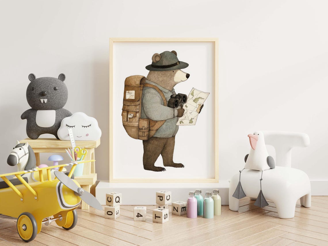 Bear Explorer With Backpack Binoculars Map Adventure Nursery Wall Art - Image 3