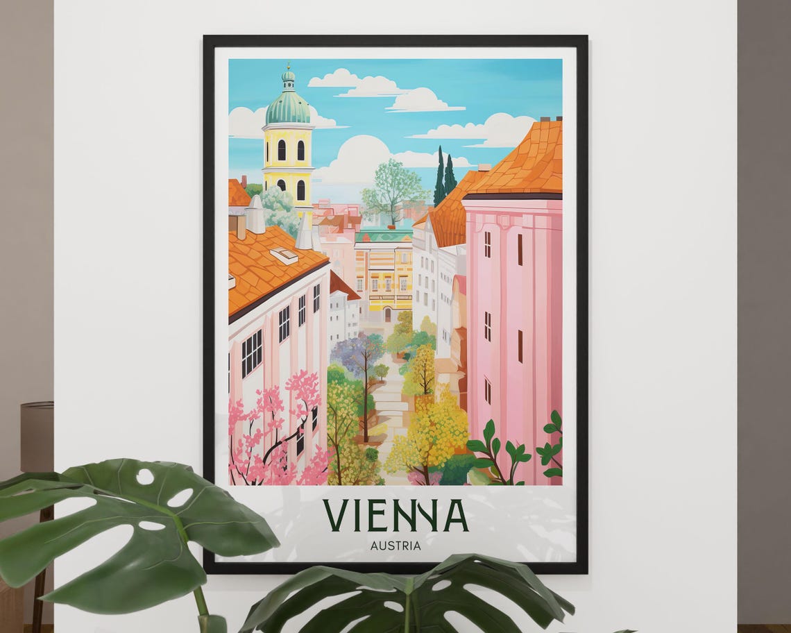 Vienna Austria Pink Street Church Tower Europe Travel Poster - Image 2