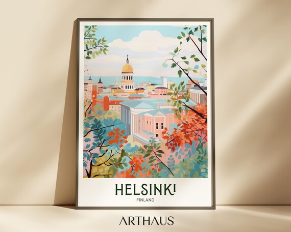 Helsinki Travel Poster Finland Vintage City Art Colorful Print Europe Prints