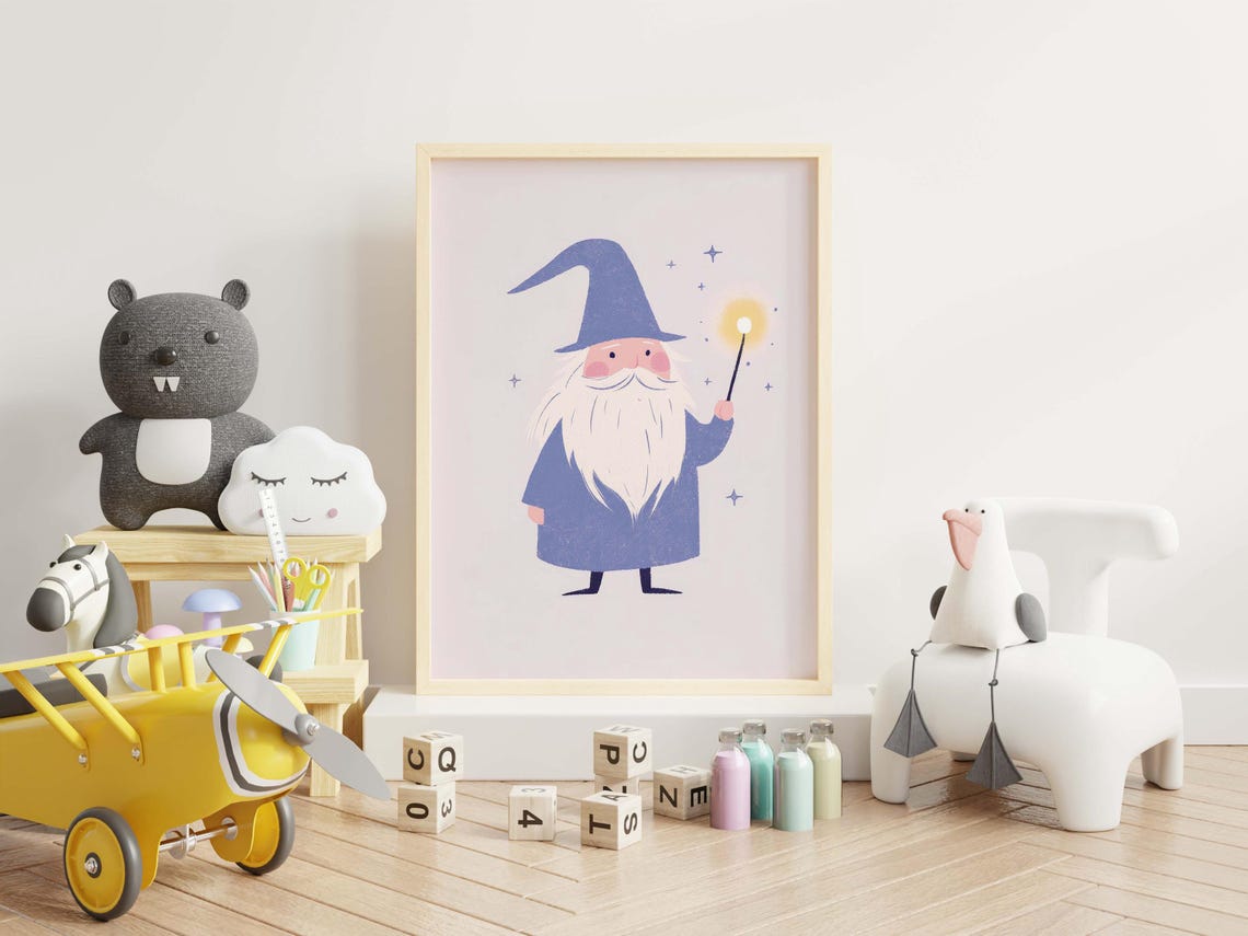Nursery Wizard Wall Art of Cute Mage with Glowing Magic Wand - Image 2