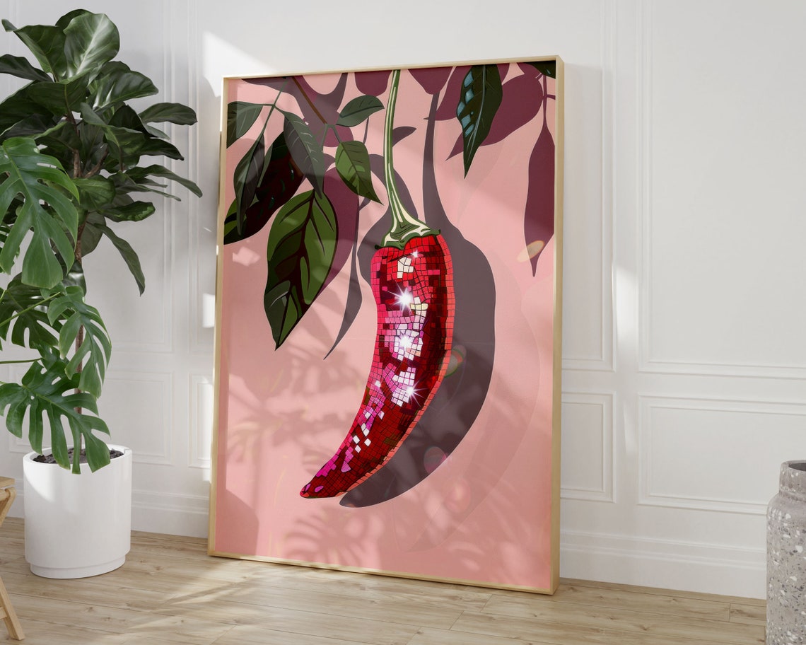 Funky Disco Ball Chili Pepper Maximalist Pink Kitchen Wall Art - Image 3