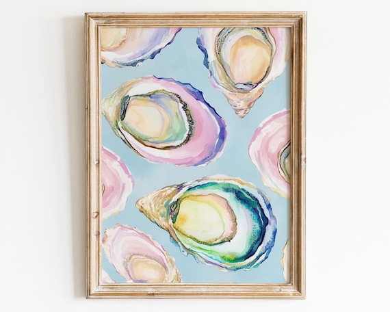 Pastel Oyster Shells Watercolor Coastal Blue Beach Kitchen Shell Poster