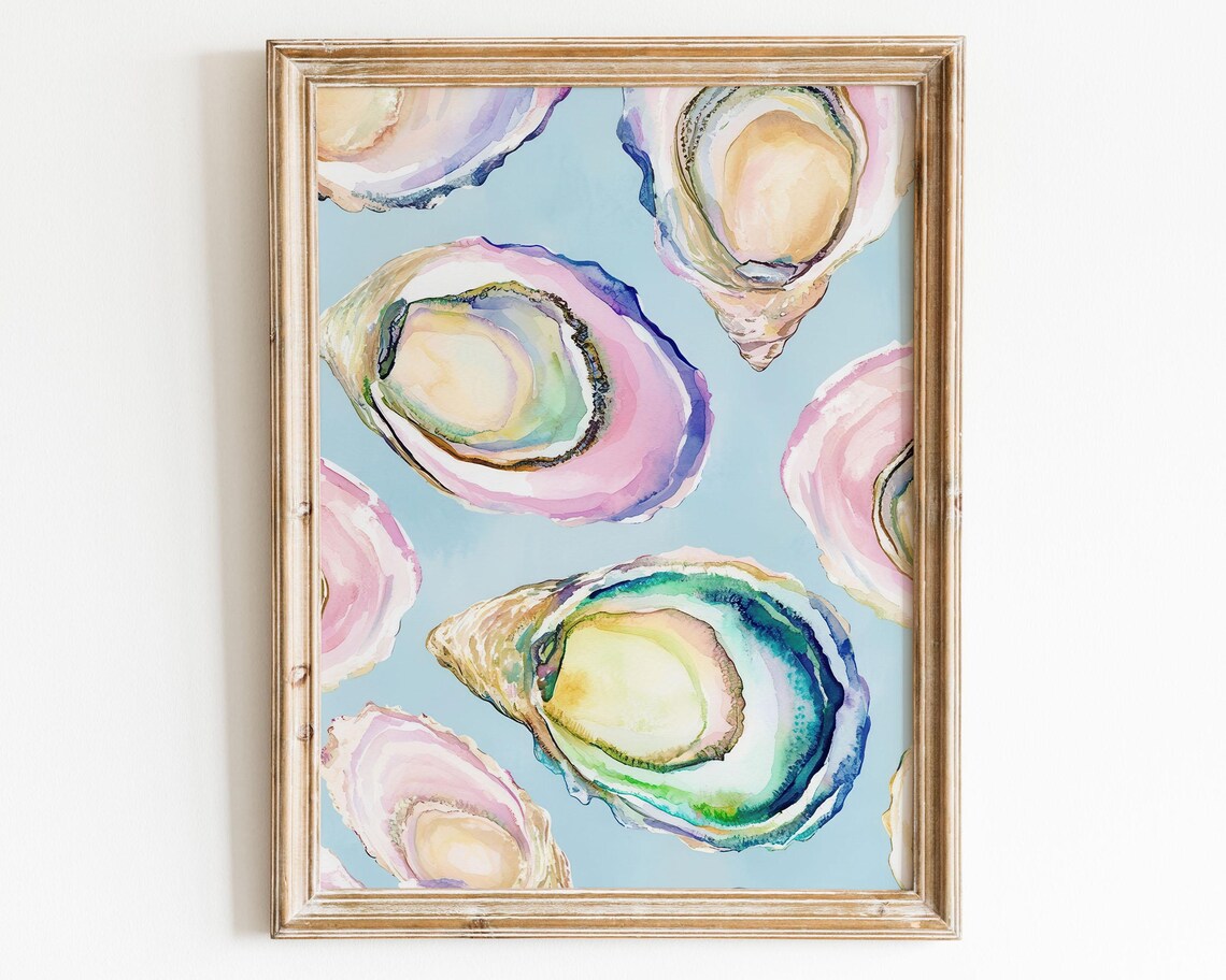 Pastel Oyster Shells Watercolor Coastal Blue Beach Kitchen Shell Poster