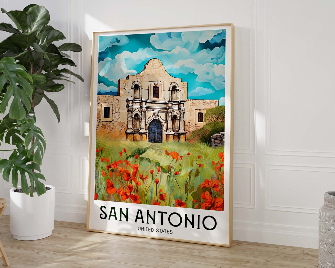 San Antonio Alamo Mission Wildflower Field Vintage Travel Poster - Image 3