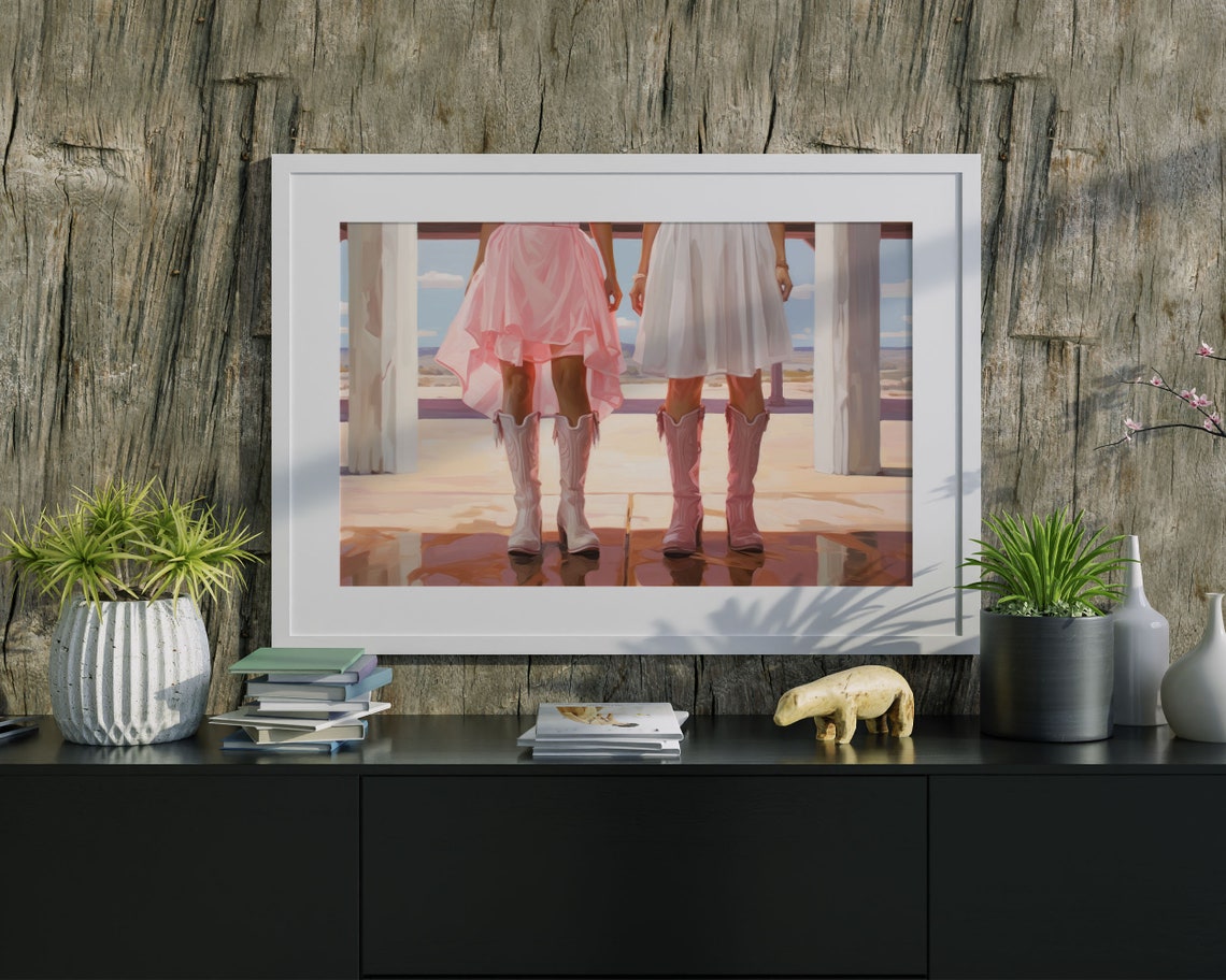 Pink And White Dresses With Cowboy Boots On Sunlit Patio Poster - Image 3