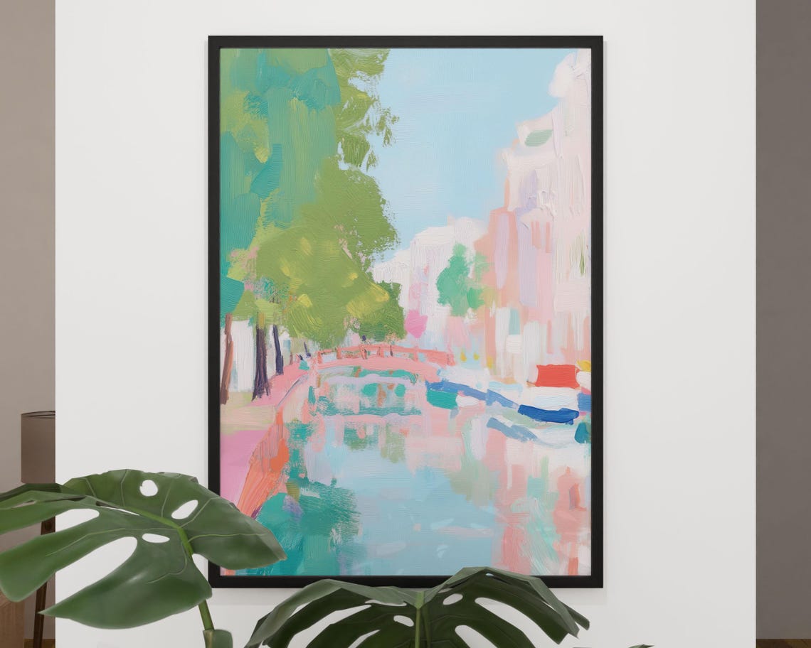 Pastel Canal Scene Boats Pink Buildings Summer Waterway Street Poster