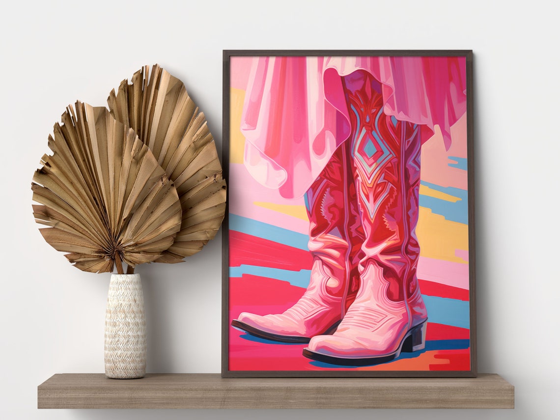 Pink Embroidered Cowboy Boots Under Flowing Pink Skirt Art Print - Image 2