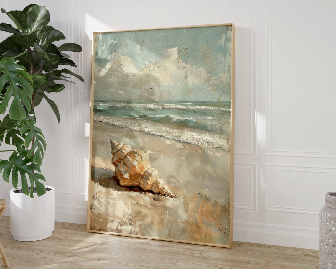 Vintage Seashell on Beach Coastal Oil Painting Neutral Art Poster - Image 3