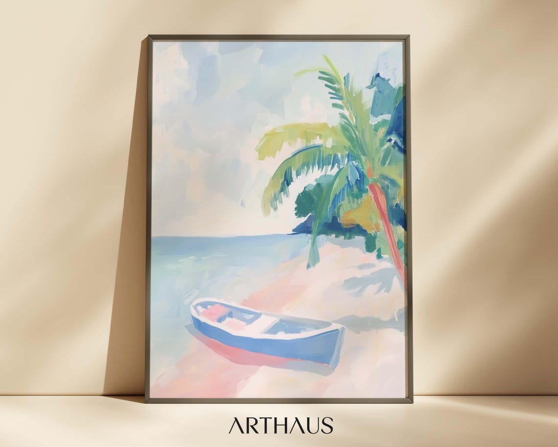 Pastel Beach Blue Boat Palm Tree Tropical Shore Scene Poster
