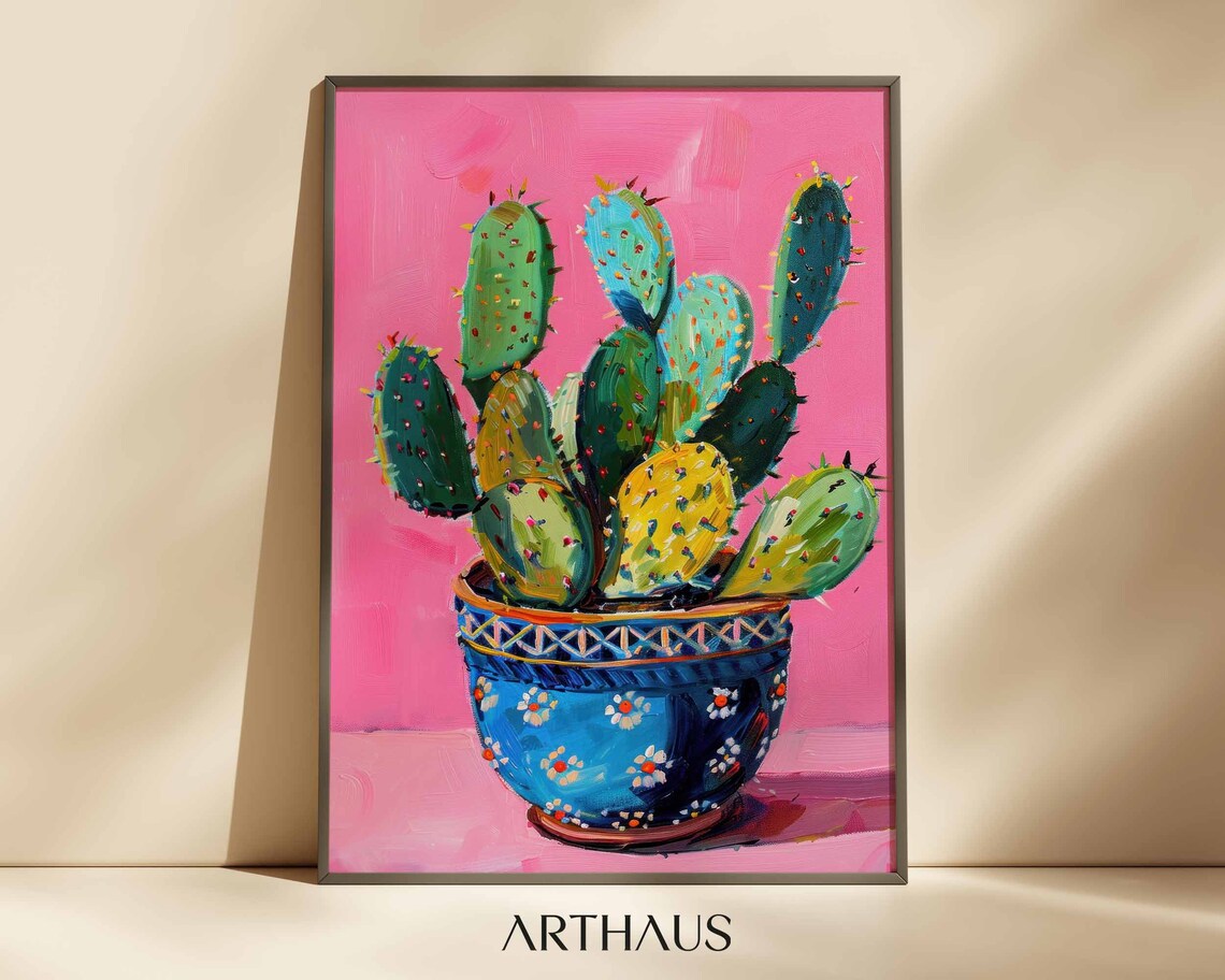 Pink Mexican Cactus Art Print, Maximalist Decor