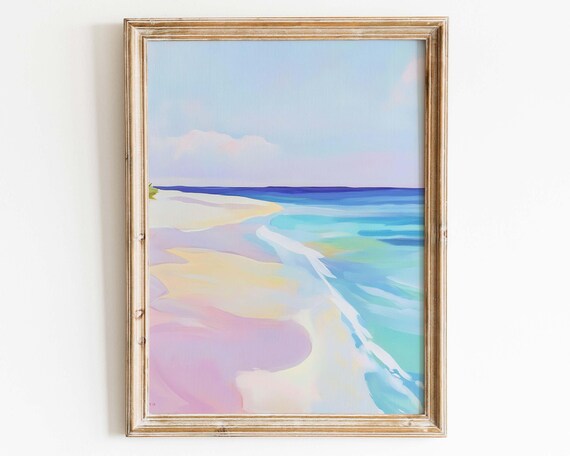 Pastel Beach Shoreline Abstract Soft Turquoise Waves Sandy Shore Art Poster