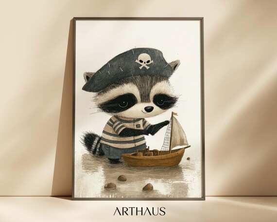 Nursery Raccoon Wall Art Kids Room Decor Cute Raccoon Boho Toddler Kids Room Decor Woodland Animal Print Playful Childrens Decor