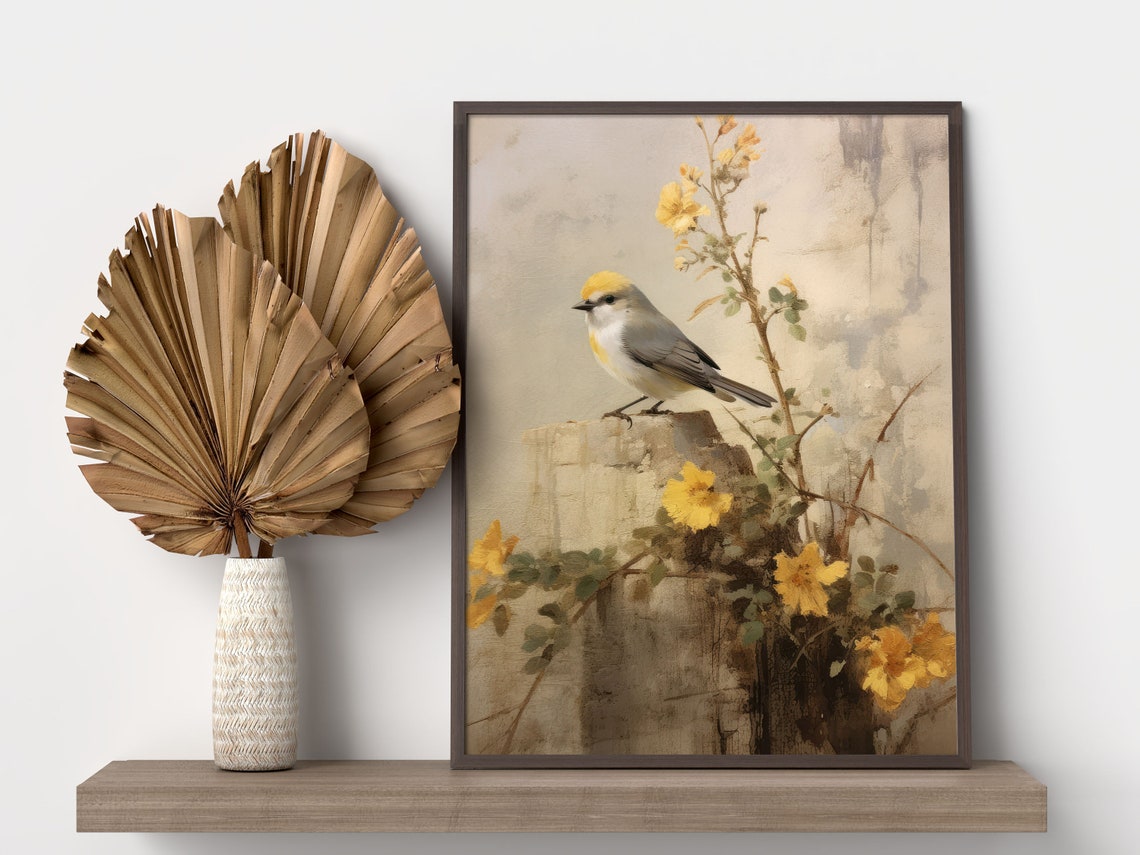 Yellow Crowned Songbird on Stone with Blossom Watercolor Art Print - Image 2