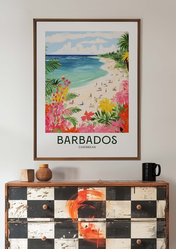 Barbados Caribbean Colorful Beach Paradise Tropical Flowers Travel Poster Art