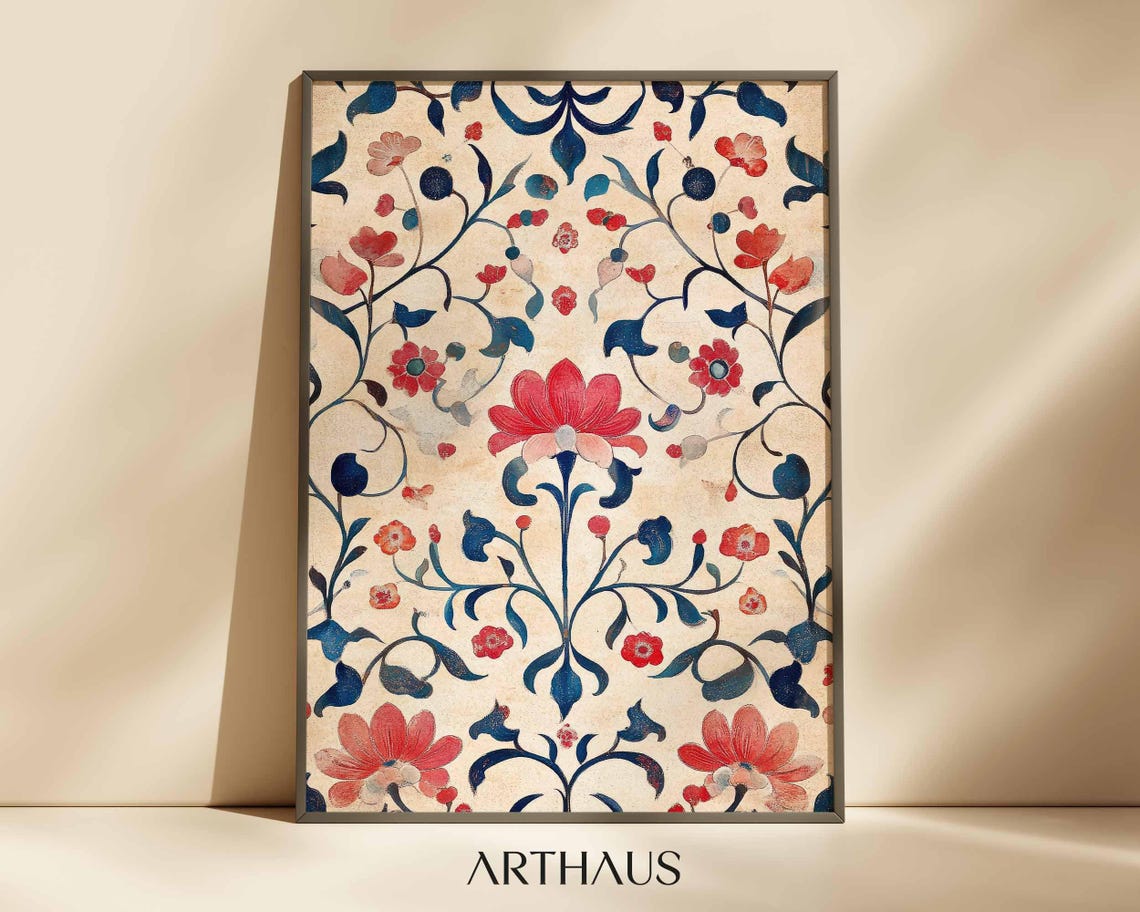 Traditional Indian Folk Wall Art Floral Landscape Painting Living Room Decor Antique Indian Art Botanical Indian Painting Poster