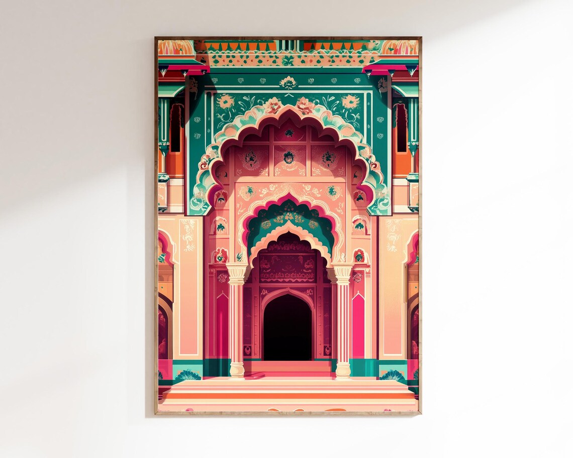 Jaipur Palace Doorway Pink Teal Arches Indian Architecture Poster - Image 2