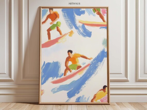 Colorful Surfers Riding Waves Abstract Beach Painting Poster