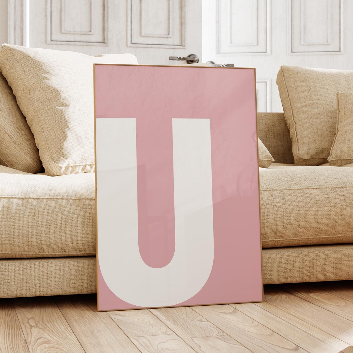White Letter U Pink Minimal Alphabet Monogram Kids Room Poster