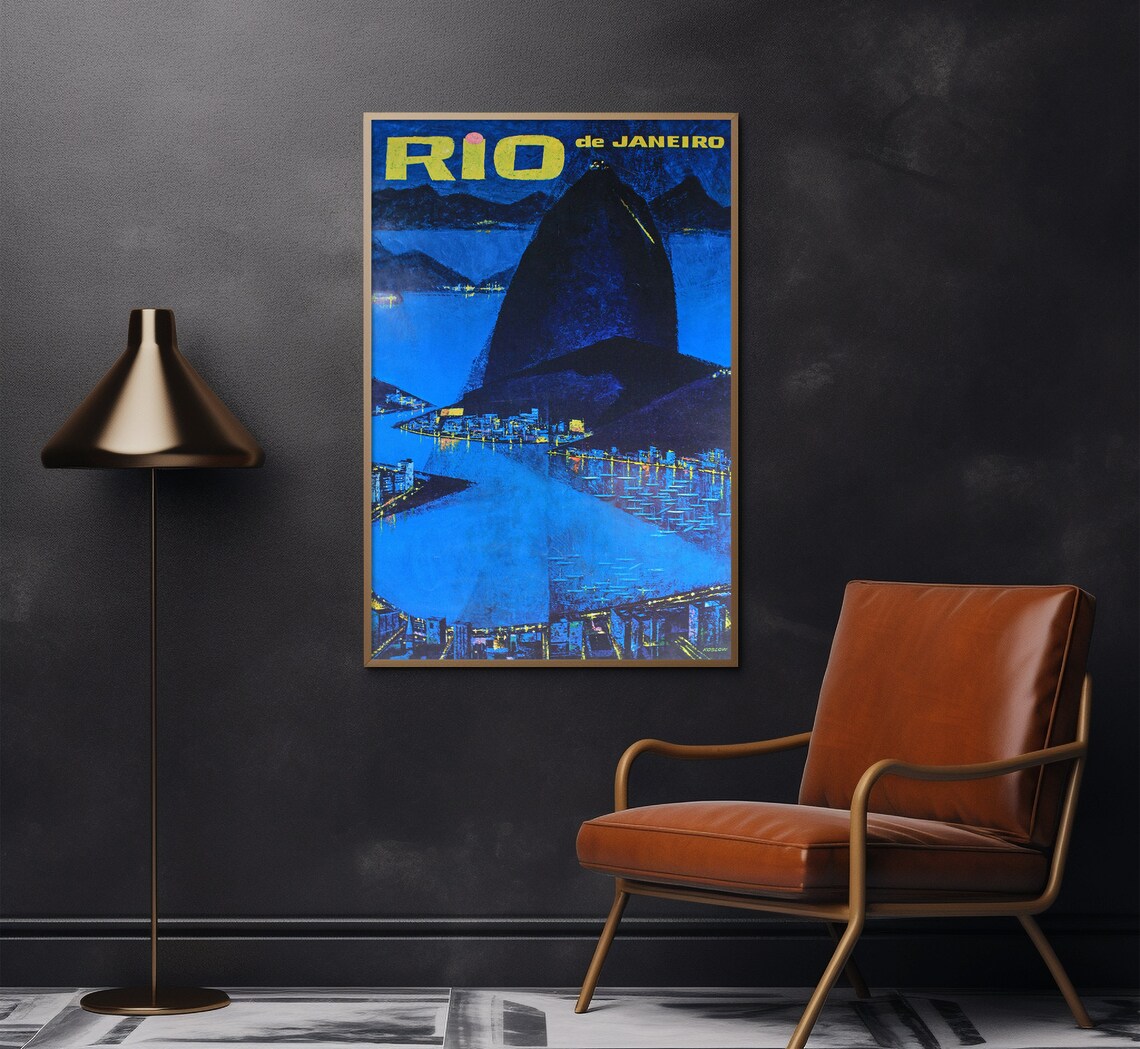 Rio De Janeiro Sugarloaf Night Bay City Lights Vintage Travel Poster - Image 2