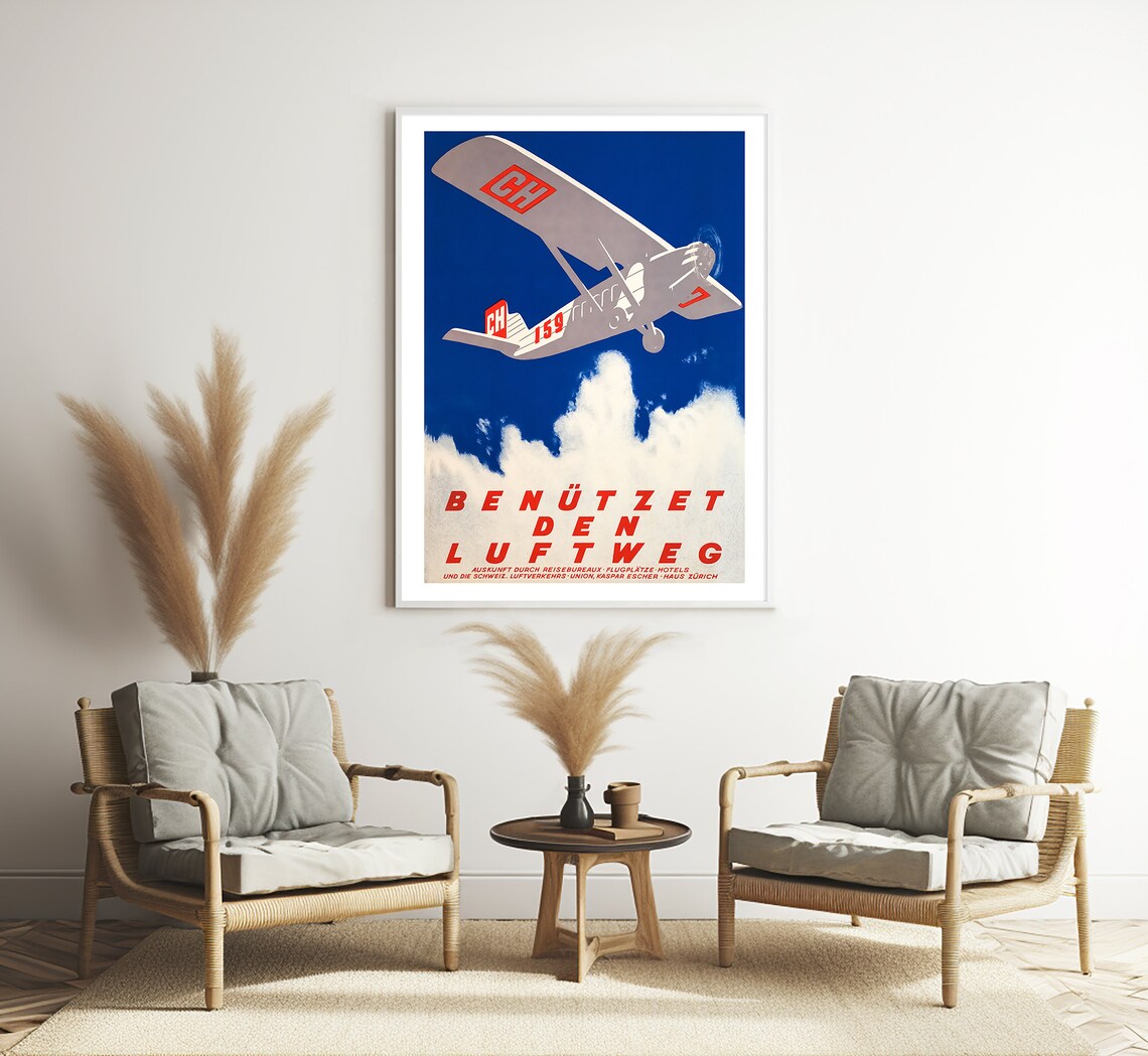 Benutzet Den Luftweg Swiss Airplane Clouds Red Blue Travel Poster - Image 3