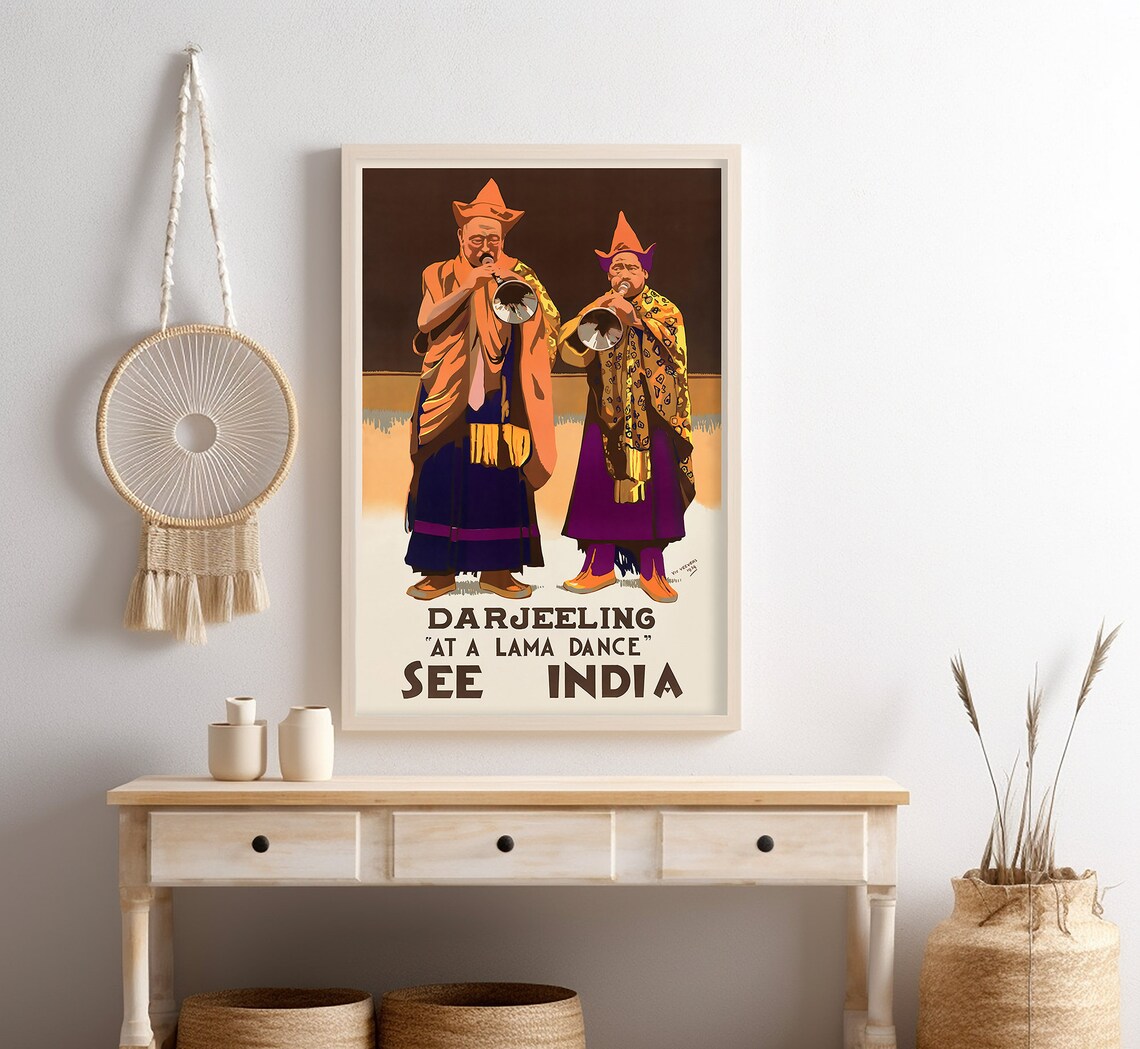 Darjeeling India Lama Dance Tibetan Horns Robes Vintage Travel Poster - Image 4