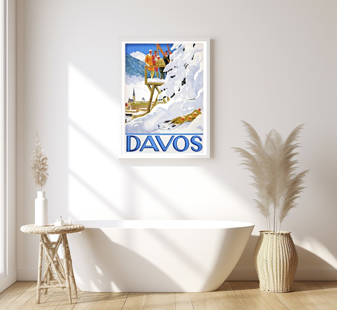 Davos Switzerland Vintage Skiing Skiers Sledders Snowy Resort Poster - Image 2