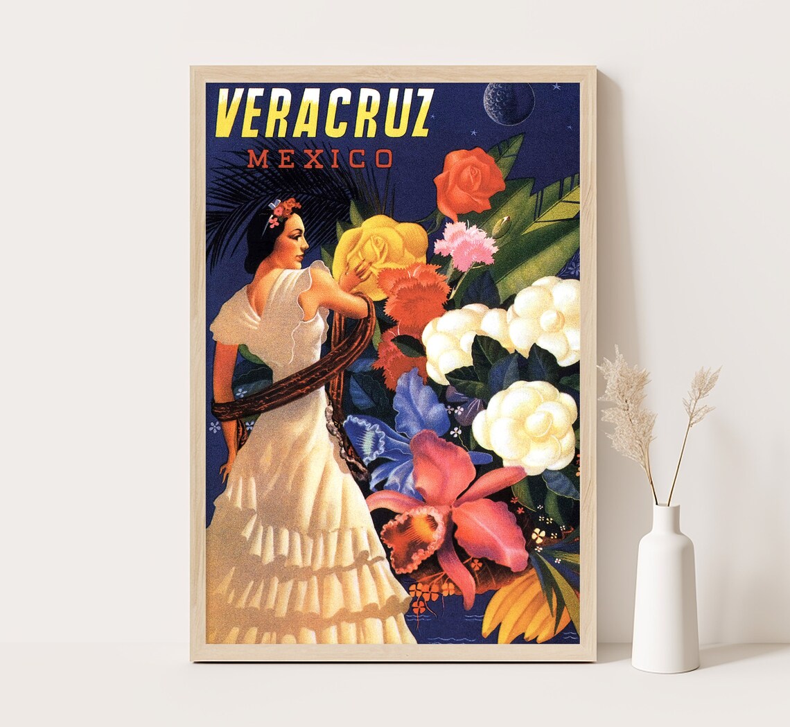 Veracruz Mexico Woman White Dress Night Flowers Vintage Travel Poster