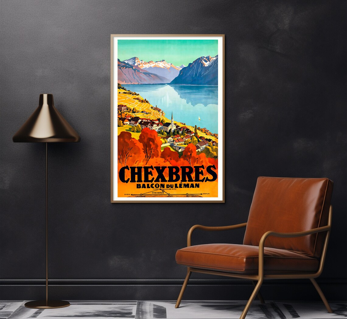 Chexbres Switzerland Vineyard Village Balcony View Vintage Lake Poster - Image 2