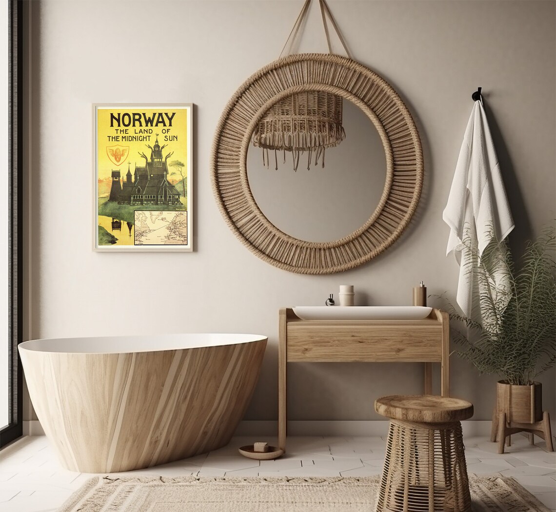 Norway Land Of Midnight Sun Stave Church Golden Vintage Travel Poster - Image 2