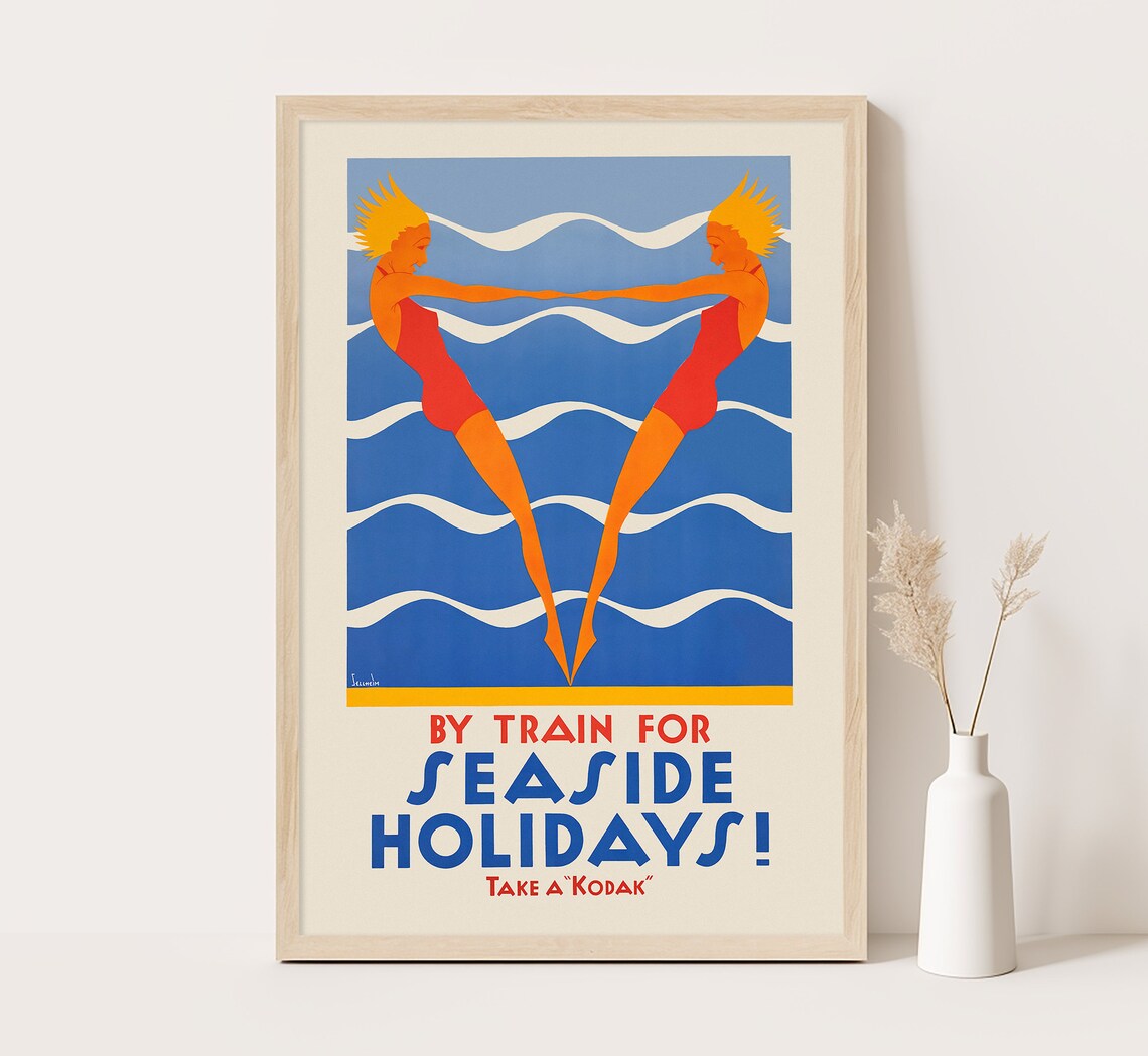 By Train For Seaside Holidays Take A Kodak Deco Swimmers Travel Poster