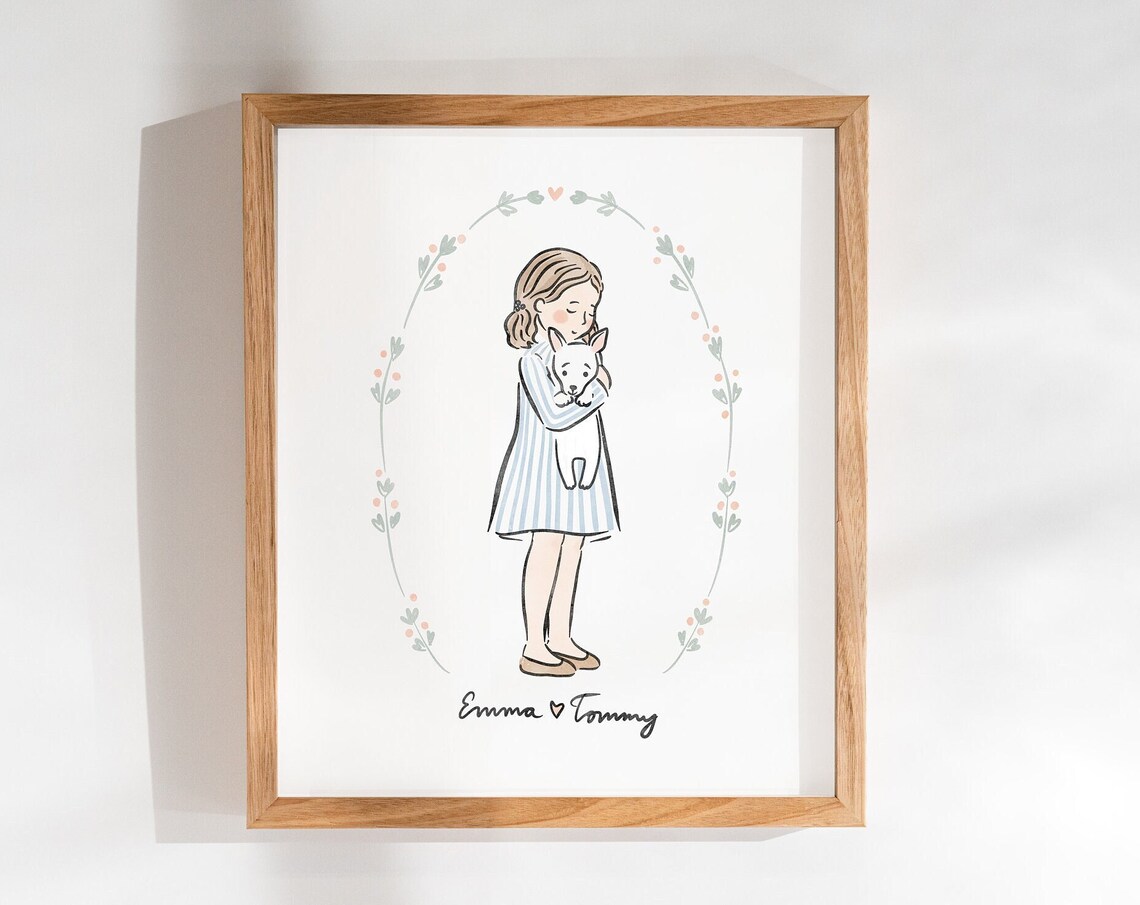 Emma And Tommy Custom Child Hugging Puppy Portrait Floral Oval Poster