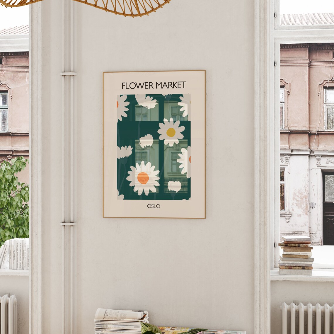 Flower Market Oslo White Daisy Floral Vintage Poster on Teal - Image 4