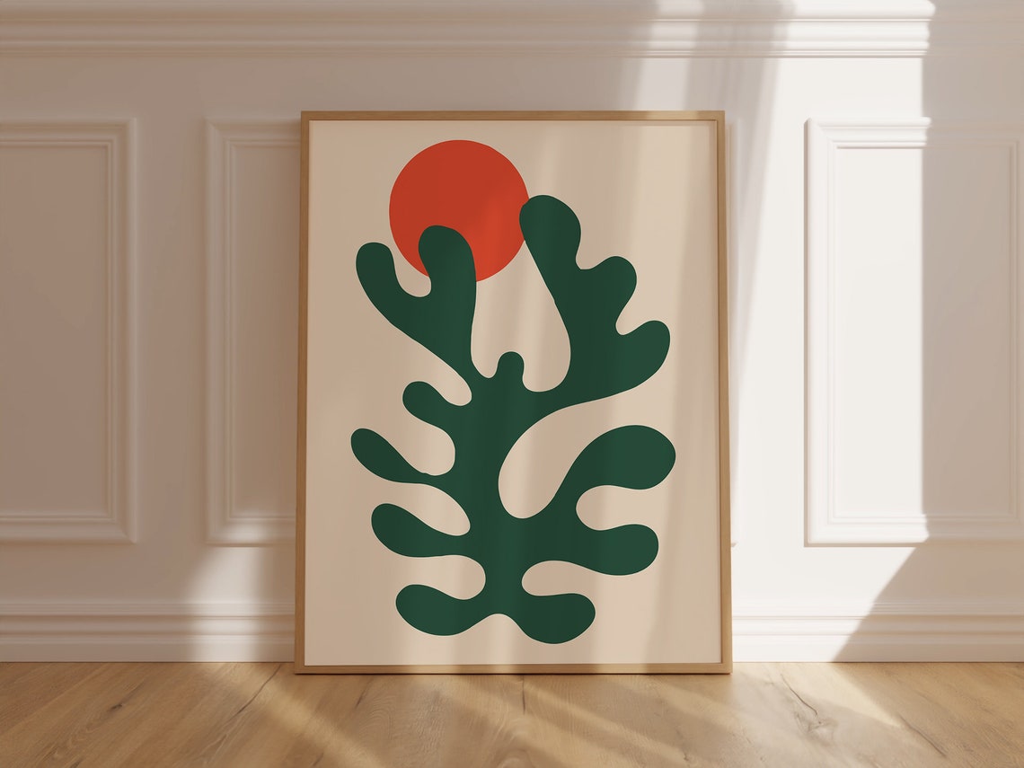Matisse Style Deep Green Cutout Leaf Red Sun Abstract Art Poster - Image 6