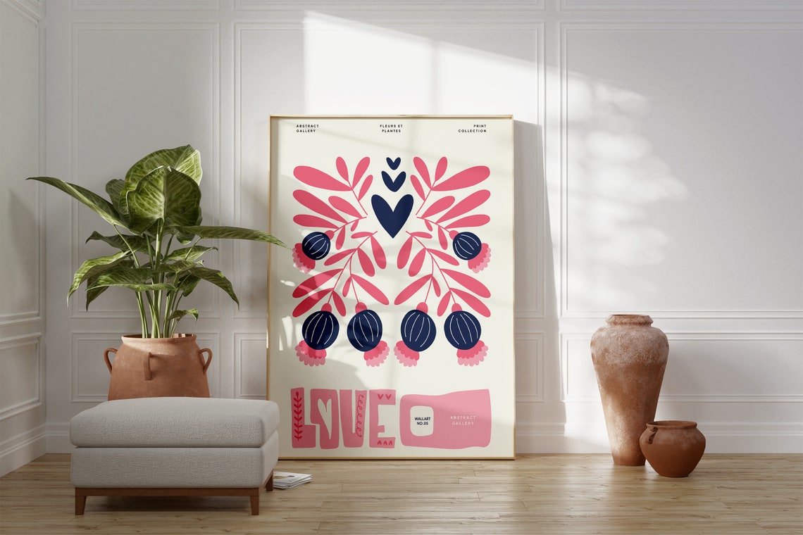 Love Word Pink Botanical Hearts Abstract Gallery Sweet Poster - Image 5