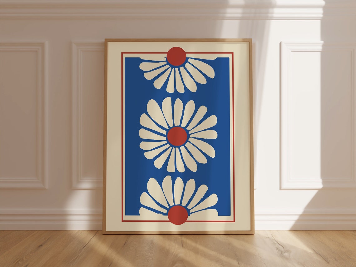 Matisse Style White Daisy Trio Poster on Royal Blue Background