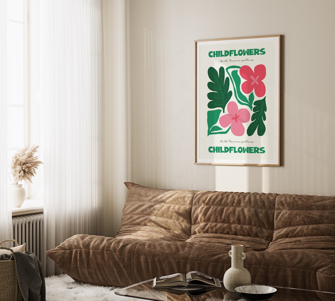 Childflowers Pink Green Botanical Gallery Modern Playful Art Poster - Image 2