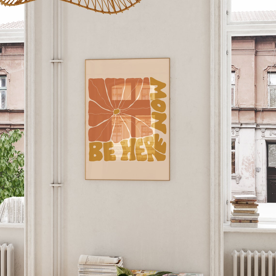 Be Here Now Retro Quote Poster with Orange Floral Mindfulness Design - Image 4