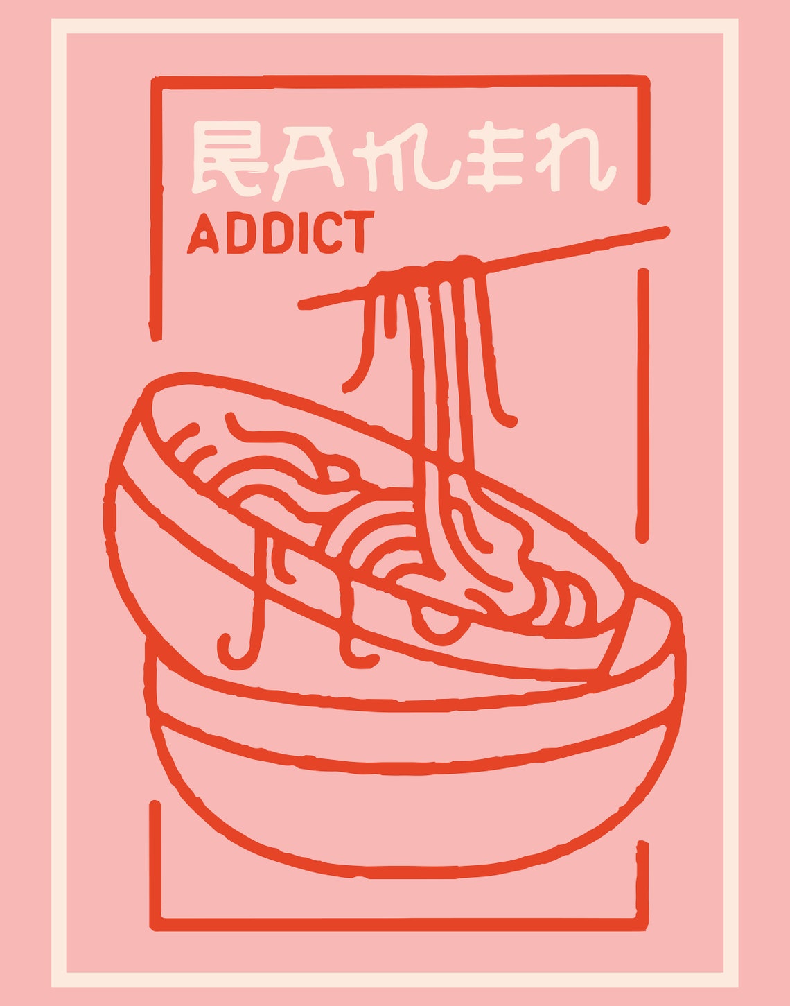 Playful Pink Ramen Addict Noodle Bowl Japanese Line Art Food Poster - Image 3