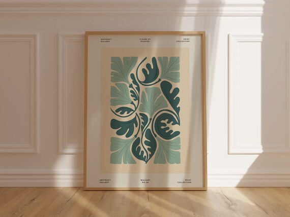 Teal Green Leaf Pattern Fleurs et Plantes Gallery Art Poster