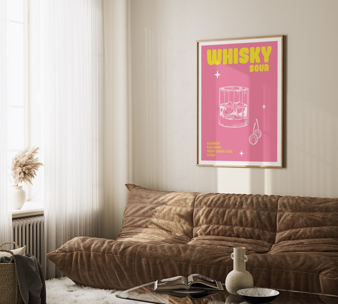 Whisky Sour Pink Cocktail Recipe Retro Vintage Bar Wall Poster - Image 2