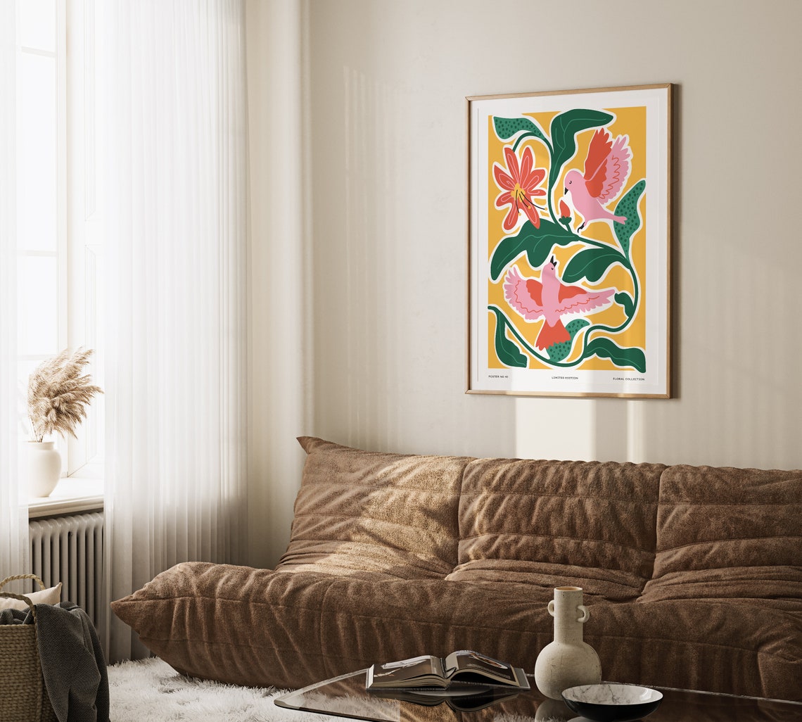 Two Pink Birds Among Red Flowers Floral Collection No 40 Poster - Image 3