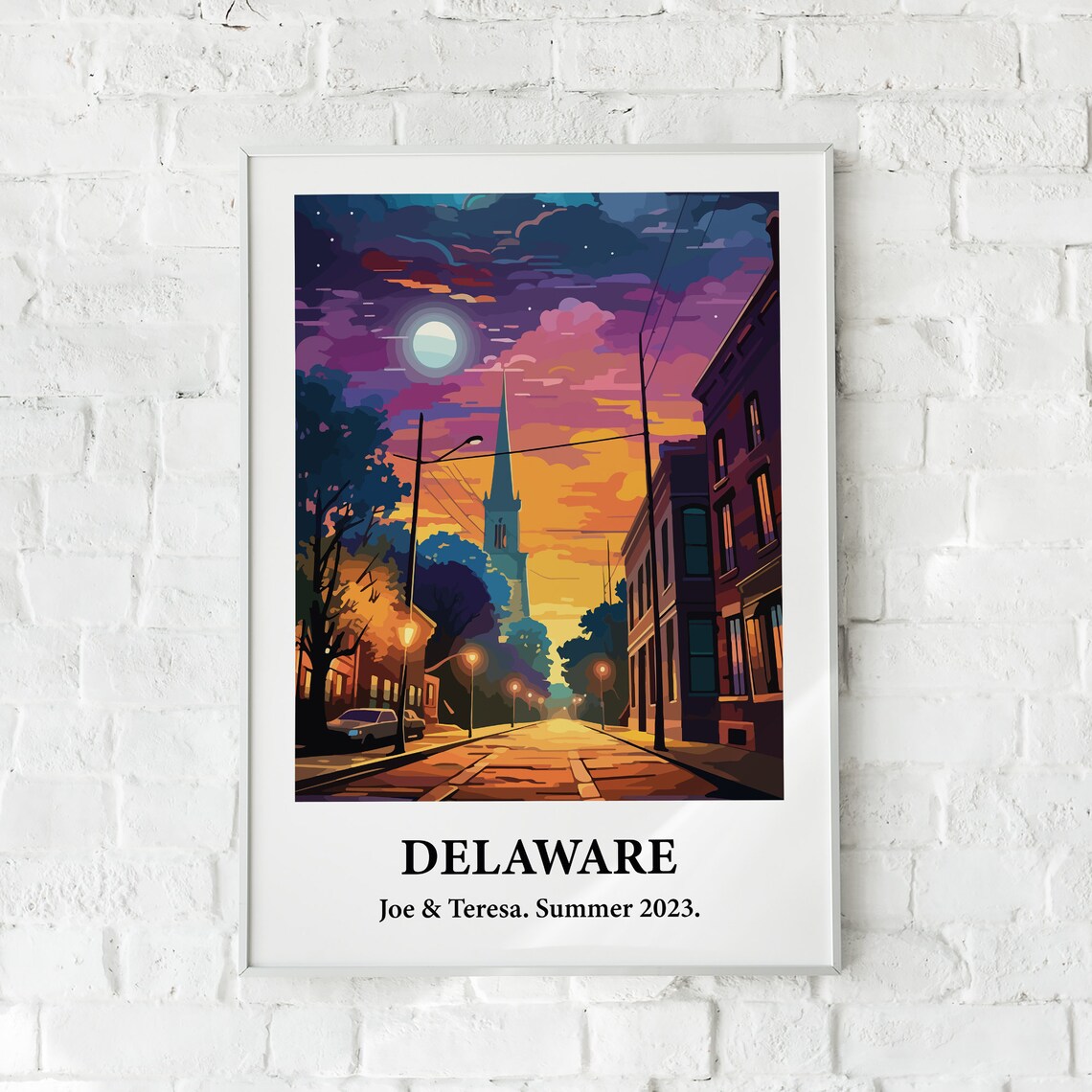 Delaware Small Town Street Dusk Church Steeple Travel Poster