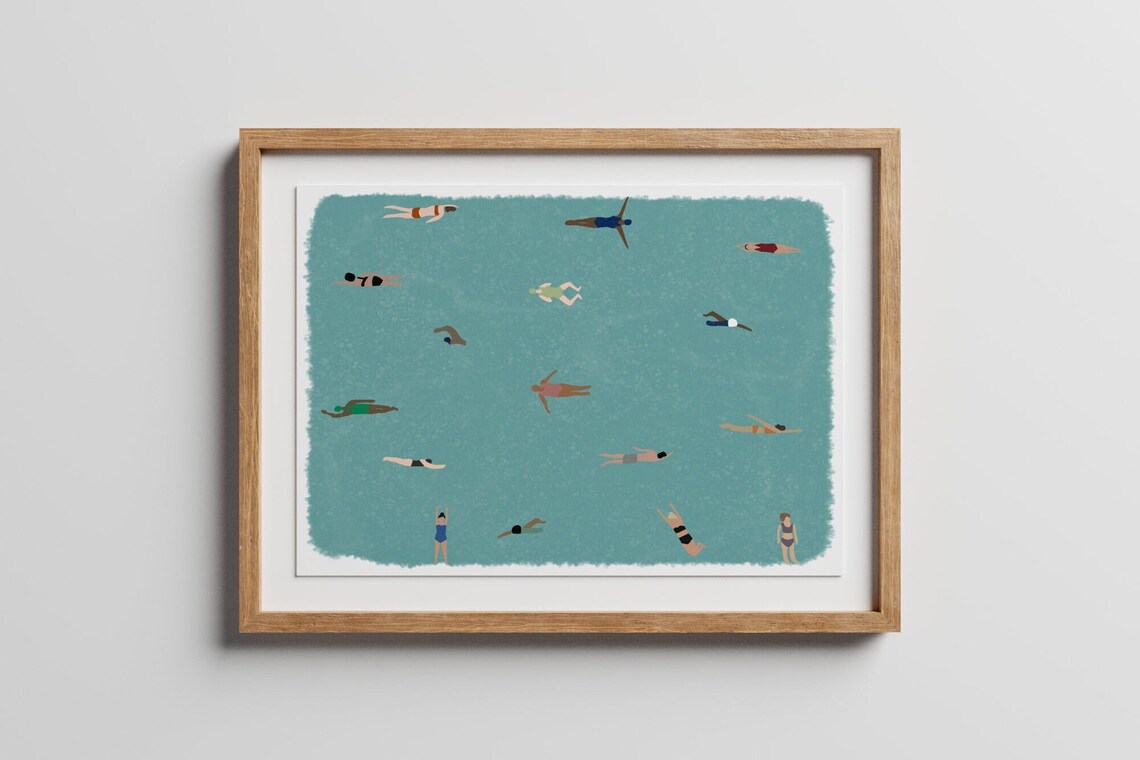 Tiny People Swimming In Pool, Playful Pool Art Print