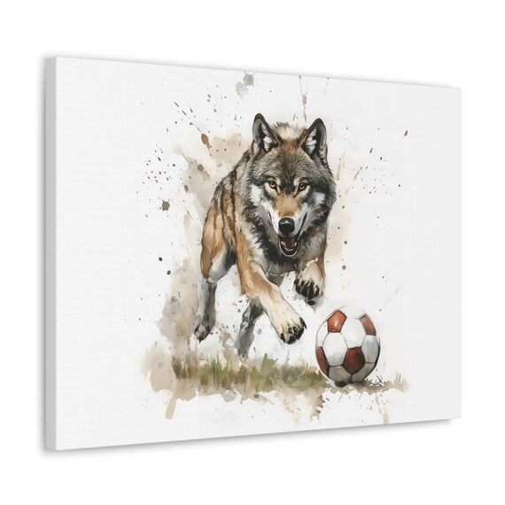 Gray Wolf Chasing Soccer Ball Watercolor Painting Wild Canine Sport Poster