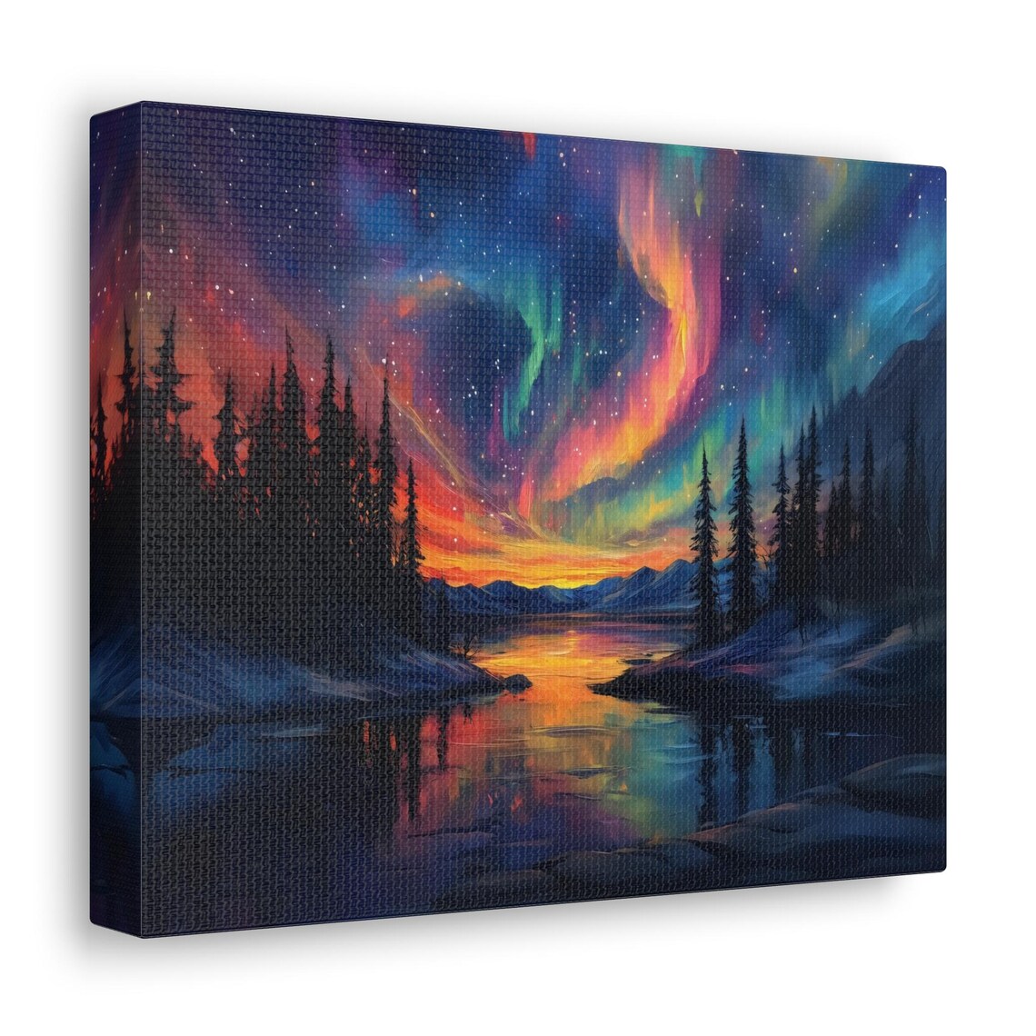 Northern Lights Rainbow Aurora Above Snowy Lake Landscape Print - Image 2