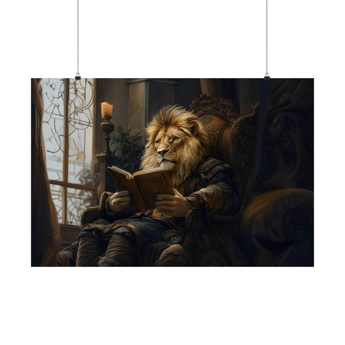 Lion Reading Book By A Stained Glass Window Regal Animal Poster
