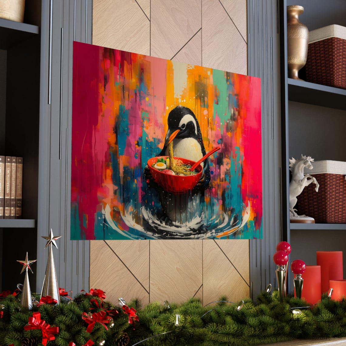 Penguin Eating Noodles Vibrant Drip Paint Expressionist Wall Print - Image 3