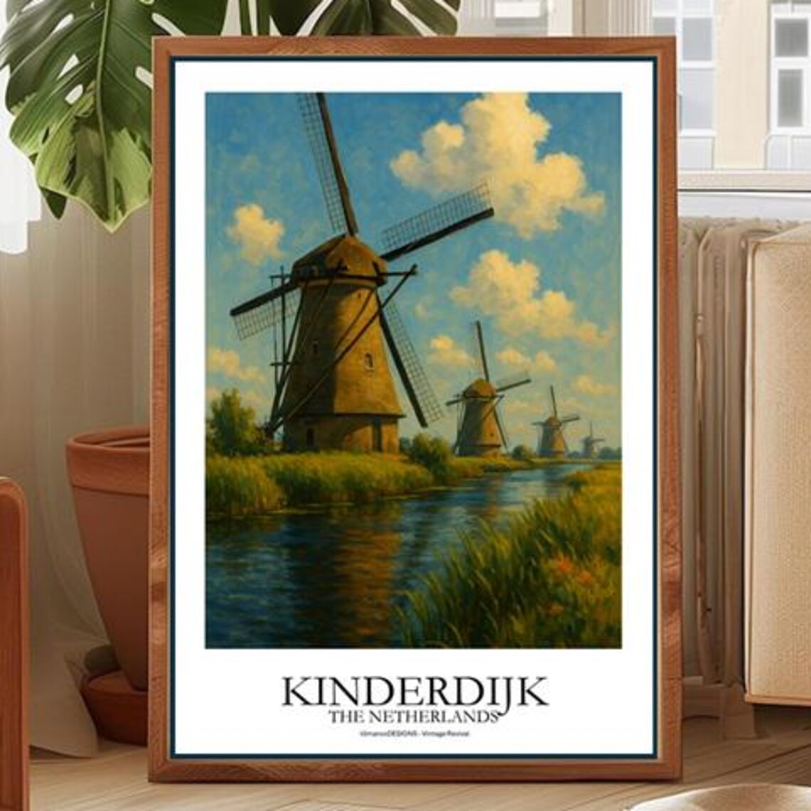 Kinderdijk Netherlands Windmills Canal Vintage Painting Travel Poster
