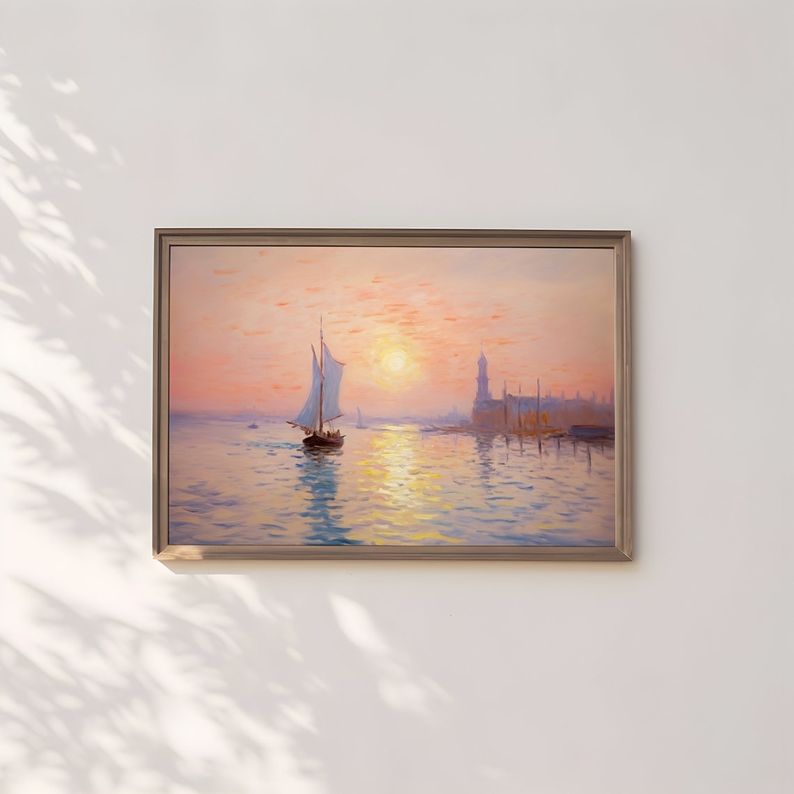 Impressionist Sunrise Over Harbor With Sailboat And Reflections Poster - Image 2