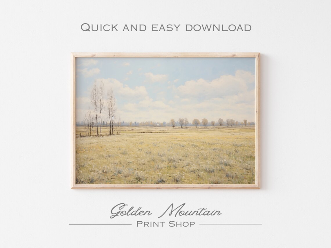 Golden Field with Bare Trees Early Spring Country Landscape Print - Image 3